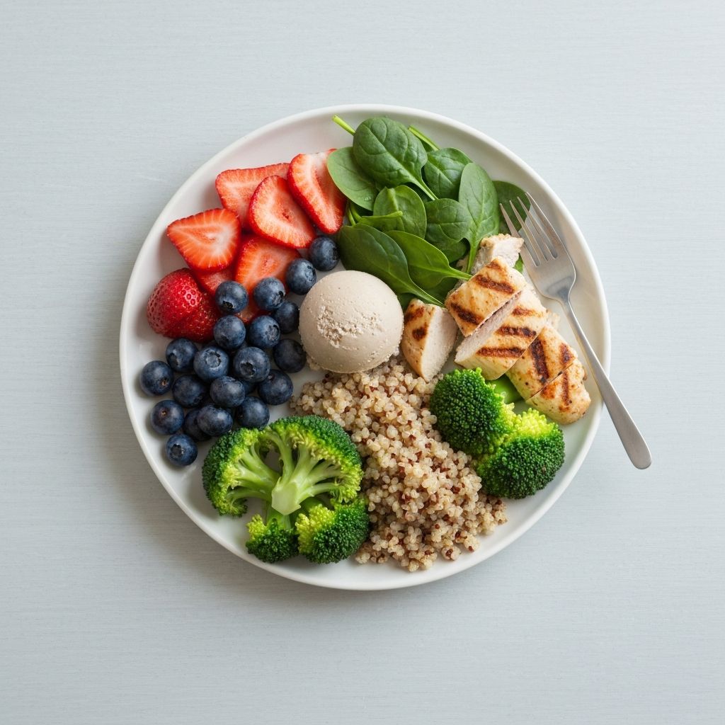 Balanserad tallrik med frukt och grönsaker